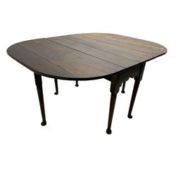 George III oak drop-leaf dining table, oval top over gate-leg action cabriole supports