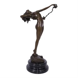 After H Fishmuth; Bronze figure of a nude female holding a vine, with foundry mark on socl...