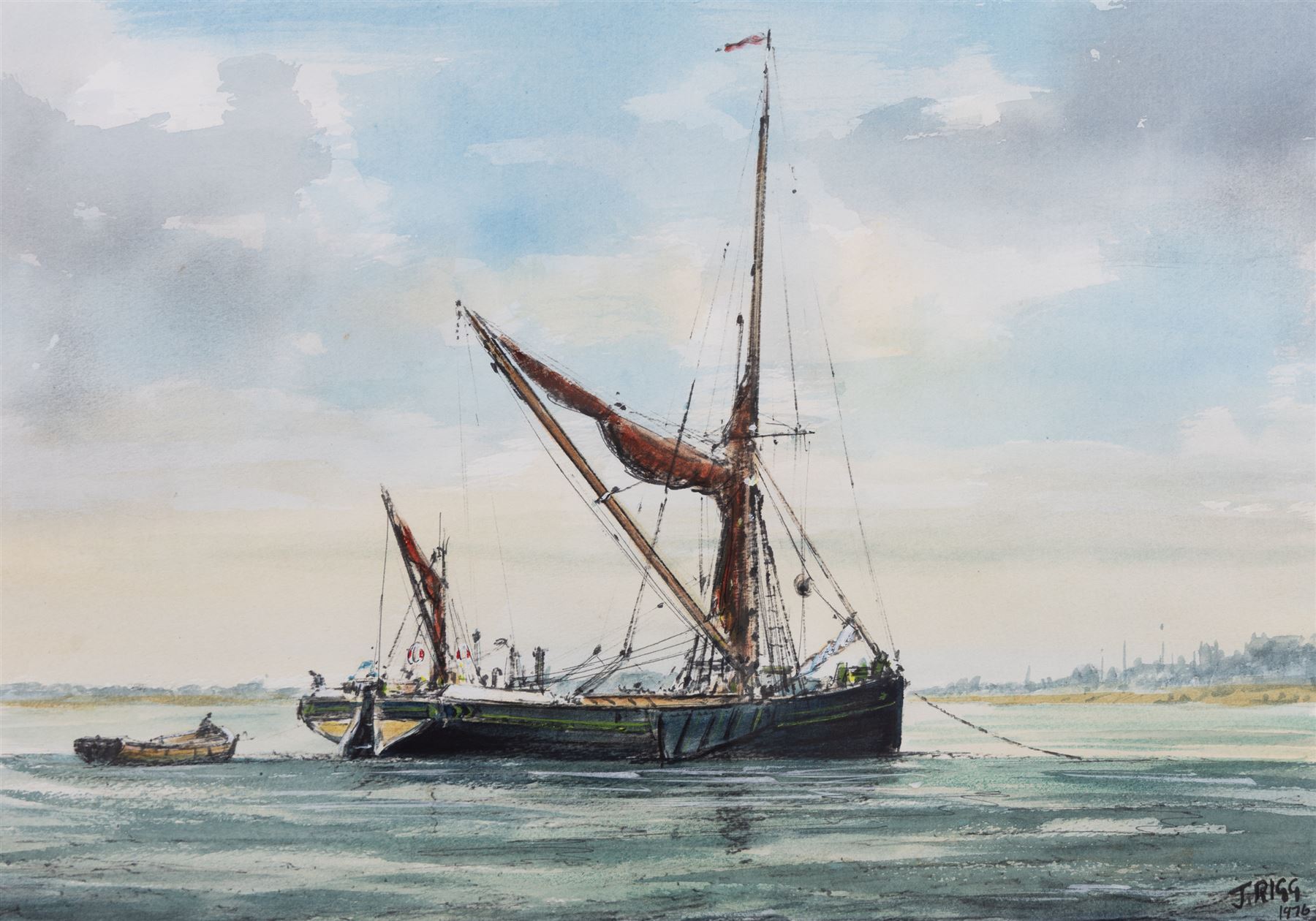 Jack Rigg (British 1927-2023): Thames Sailing Barge 'Dawn', ink and watercolour signed and dated 1976, together with two associated sketches 37cm x 53cm 