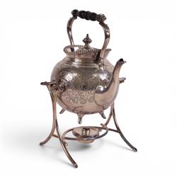 Victorian silver plated spirit kettle, with foliate decoration and ebonises handle, H34cm 