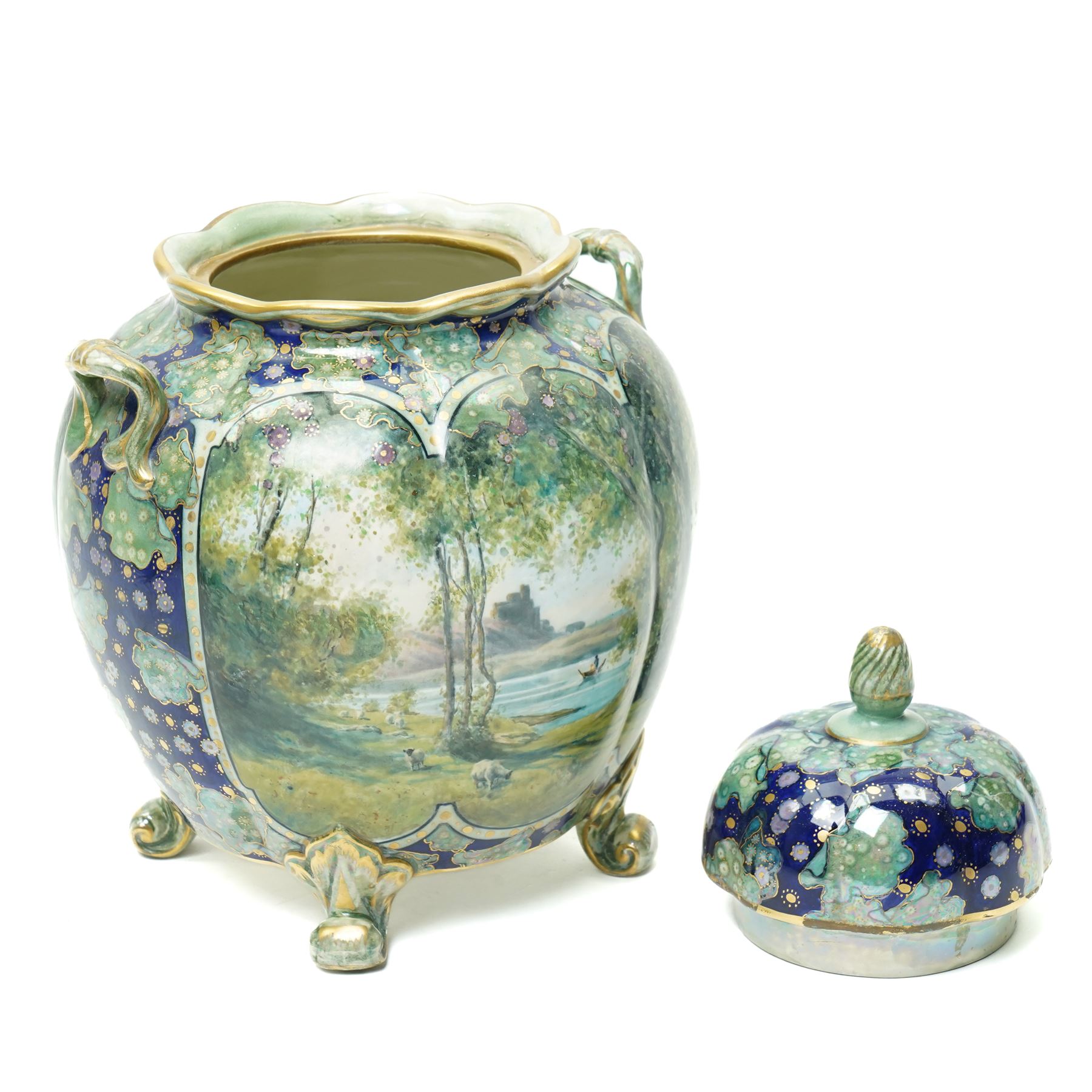 Pair of Keeling & Co Losol  ware lustre vases and covers of square spreading form decorated with flowers H33cm, a matching baluster vase and a lustre jar and cover decorated with landscape panels