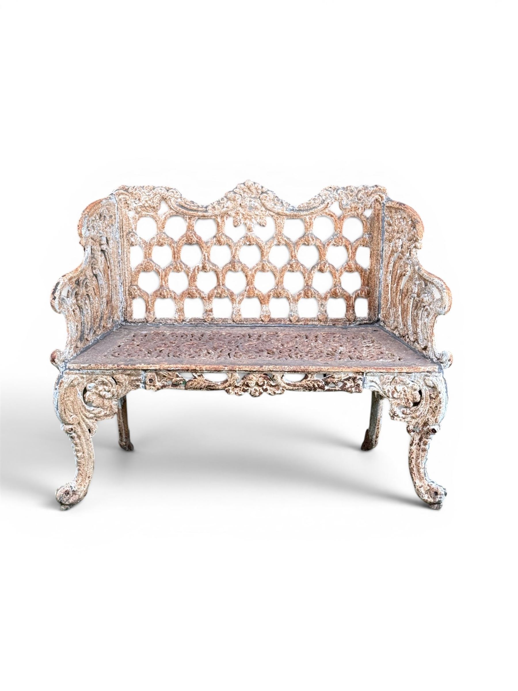 Victorian revival Carron Foundry design heavy cast iron two seat garden bench, scrolled arms with pierced lattice seat, finished in antique white paint