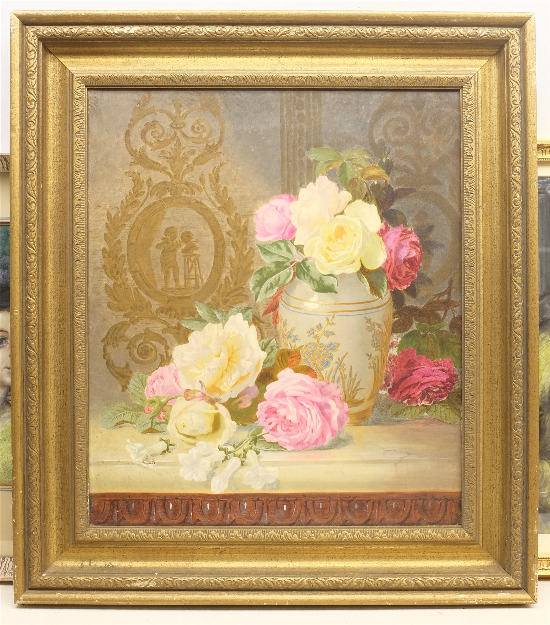 Arthur Burnett (British 20th century): Young Woman in a Garden, pastel signed and dated 1965, together with another unsigned pastel of two girls playing string instruments, and a still life oil on canvas unsigned, max 53cm x 45cm (3)