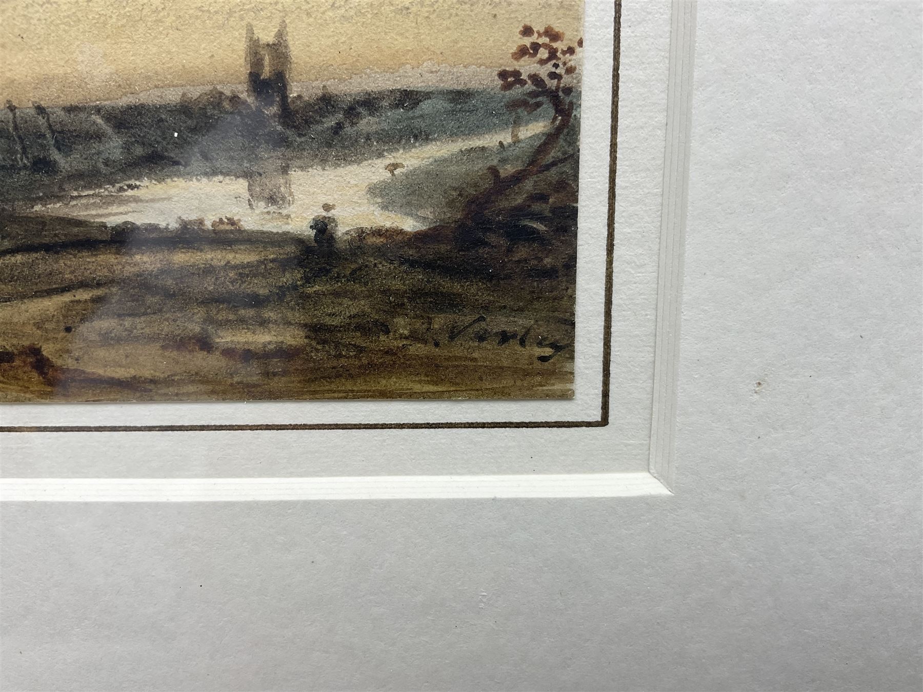 John Varley (British 1778-1842): 'Evening Landscape, with River, Church Tower and Figures', watercolour signed, titled on Albany Gallery label verso 8cm x 12cm 