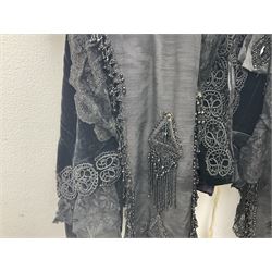 Victorian three piece mourning dress, with lace trim and jet beading, including velvet coat with satin collar panels and cuffs, the nipped waist with boning and slight flared peplum, heavily embellished beaded high neck collar, and ladies embroidered silk lined purse with gilt handle, mount and clasp