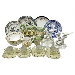 Royal Crown Derby Brocade pattern jug and sugar bowl, together with a similar gilt floral pattern bowl, three graduating Staffordshire style pearlware cottage jugs, Leeds Pottery model cottage and other ceramics and glassware, etc