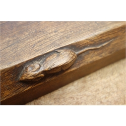  'Mouseman' oak rectangular fender, all over adzed, moulded edge carved with signature mouse, by Robert Thompson of KilburnW132cm, D39cm, H7cm max  