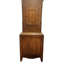 Richardson of Selby - late 19th century oak and mahogany longcase clock c 1860, with a swan necked pediment and brass paterie, break arch hood door flanked by ring turned pilasters,  oak trunk with crossbanding and a small inlaid trunk door, tall plinth with panel inlay with a shaped base,
painted dial with depictions of matching farm animals to the spandrels and a dog and small child to the arch, with Roman numerals, minute track, stamped brass hands, calendar aperture and seconds dial, weight driven rack striking movement, striking the hours on a bell. With weights and pendulum.