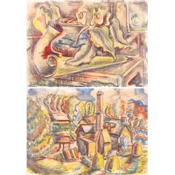 Rees Lewis Rees (British 20th Century): 'The Drawing Room Table' and 'The Saw Mill', two w...