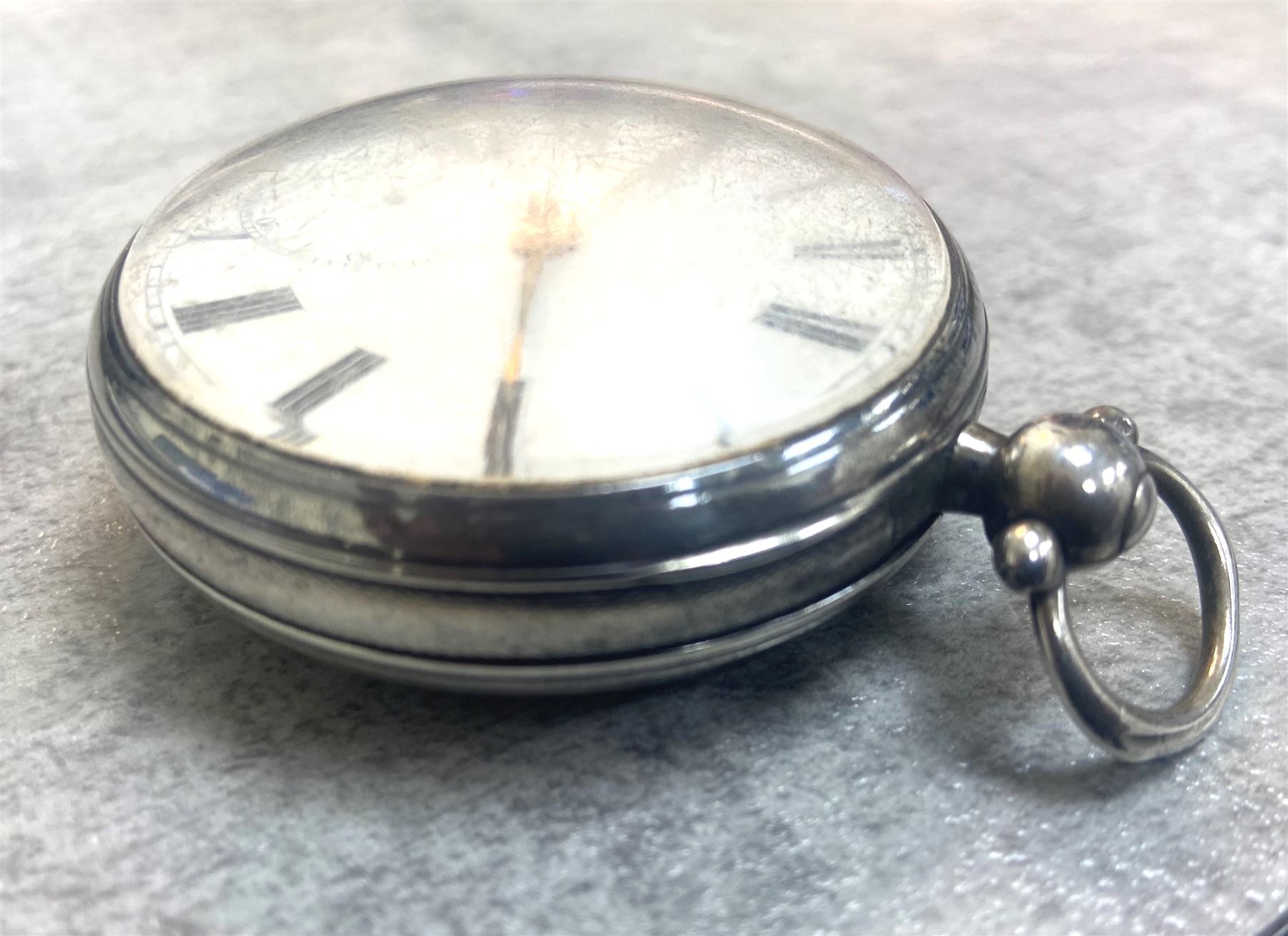 William IV English lever fusee pocket watch by John Morse, Malmesbury, No. 969, round pillars, engraved balance cock decorated with a mask and diamond endstone, white enamel dial with Roman numerals and subsidiary seconds dial, case makers mark J.P, London 1833 