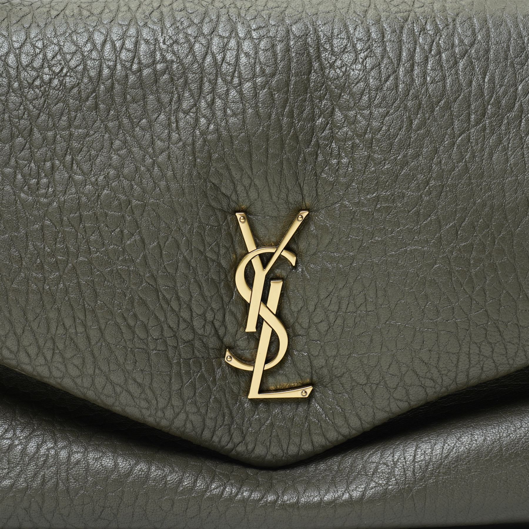 Yves Saint Laurent Calypso large shoulder bag, grey grained leather with envelope flap and gold-tone Cassandre monogram, sliding chain and leather shoulder strap, magnetic fastening, interior lined in black textile with zip pocket and leather brand tab stamped Saint Laurent Paris, made in Italy, together with original Saint Laurent dust bag, W37cm D10cm H22cm