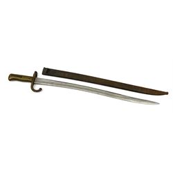 French Model 1866 sabre bayonet with 57cm fullered steel curving blade, in black metal scabbard, non-matching serial numbers L71cm overall