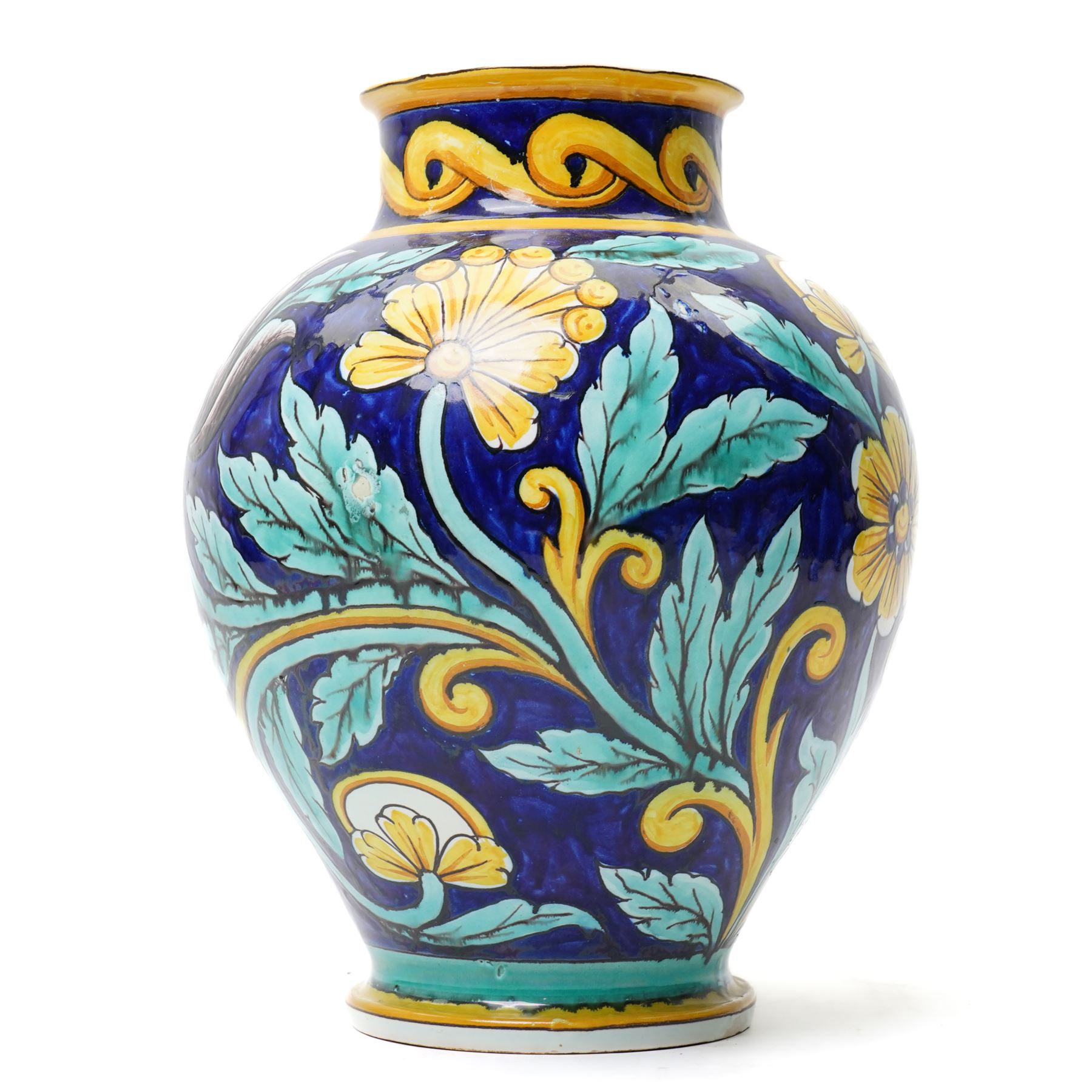 Large Italian Cantagalli vase, painted profusely in typical colours with yellow flowers and foliage, blue cockerel mark to base, H32cm