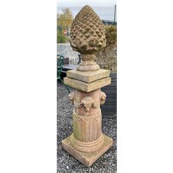 Cast stone garden pineapple finial, on column base - THIS LOT IS TO BE COLLECTED BY APPOINTMENT FROM DUGGLEBY STORAGE, GREAT HILL, EASTFIELD, SCARBOROUGH, YO11 3TX