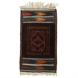 Group of four late 20th century wool kilim rugs, comprising a narrow tribal runner with stylised tree motifs and hooked guard bands (H 180cm, W 56cm), a lozenge medallion rug with decorative striped ends (H 125cm, W 75cm), a red and blue kilim with trefoil repeat field and multicoloured border bands (H 187cm, W 98cm), and a wide horizontal striped example with alternating lozenge and linear motif rows (H 260cm, W 173cm)