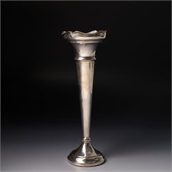 Pair of silver trumpet shape vases with pierced rims H18cm Sheffield 1910 Maker James Deakin & Sons and one other vase H21cm Birmingham 1967