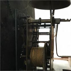 Rea of Walton on Trent (Derbyshire)-8-day Oak cased Longcase clock c1810, case with a swan necked pediment, brass parterre and a ball and eagle brass finial, bespoke hood door flanked by reeded pilasters with brass capitals, trunk with conforming recessed quarter columns and twin spire topped door, on a square plinth with canted corners and an optional detached base, comparatively rare painted oval dial with gesso decorated spandrels and a moon dial to the arch, chapter with Roman numerals, minute markers and Arabic quarter minutes, matching stamped brass hands with a subsidiary seconds dial and date aperture, dial pinned via an 