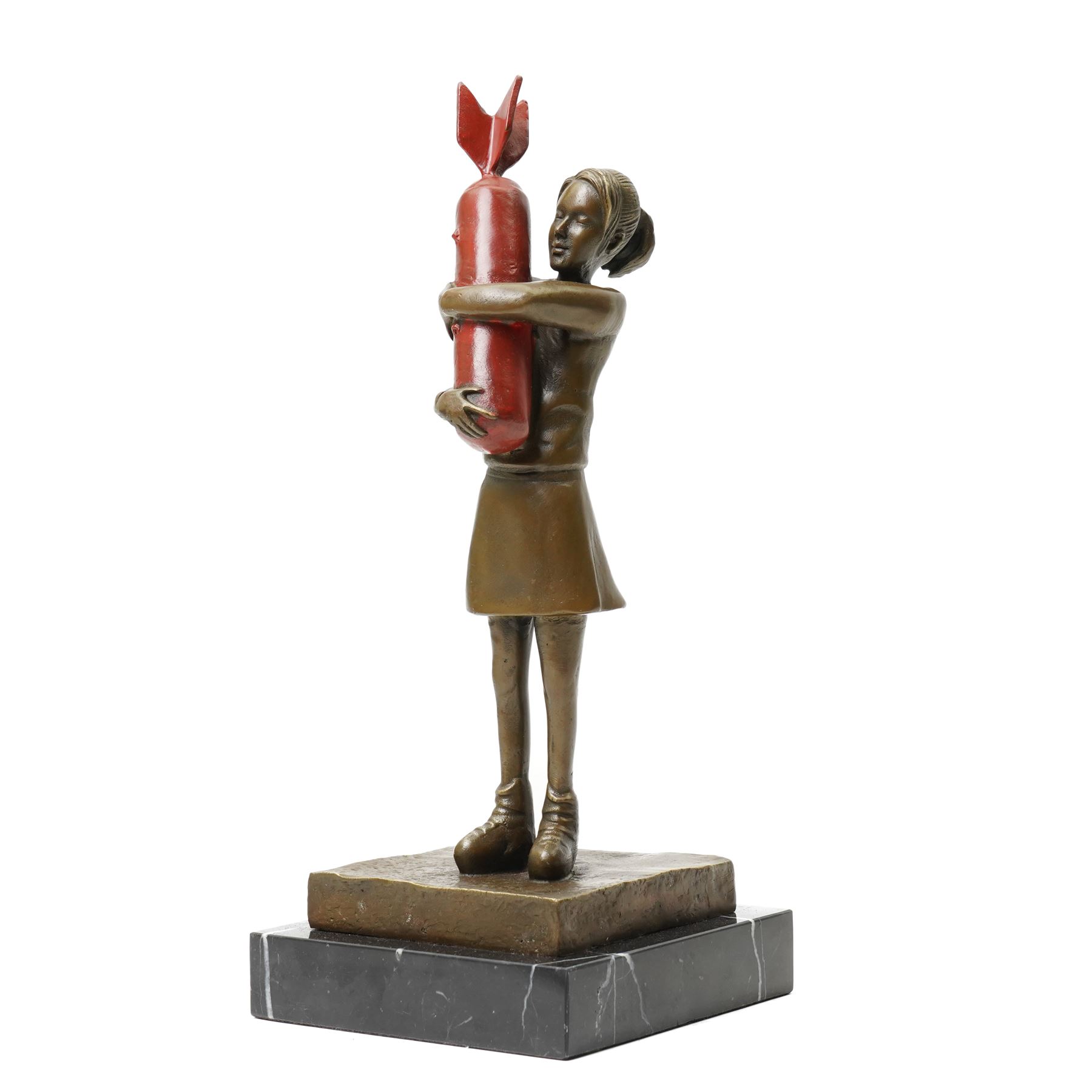 After Banksy - 'Bomb Love', bronze figure of a girl holding bomb, bearing signature, on marble base, overall H32.5cm