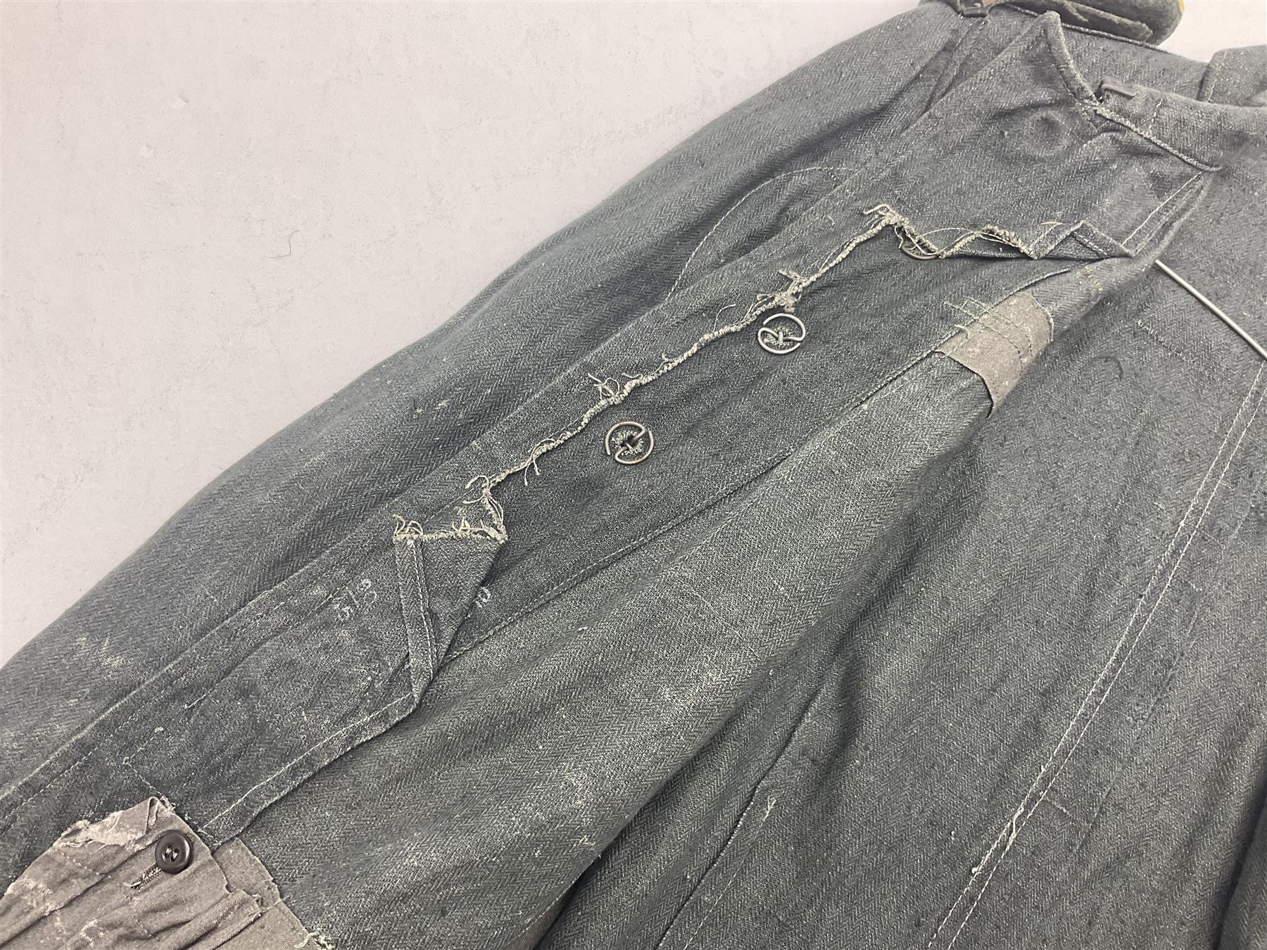 WW2 German Army grey/green herringbone twill four pocket tunic with shoulder tabs for signals regiment, cloth eagle insignia and iron cross ribbon