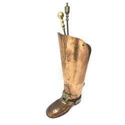  Novelty copper and brass stick/ implement stand in the form of a Military Boot marked 'Lombard England' H57cm, three brass handled fire irons, Galleon embossed fire screen and matching magazine rack   