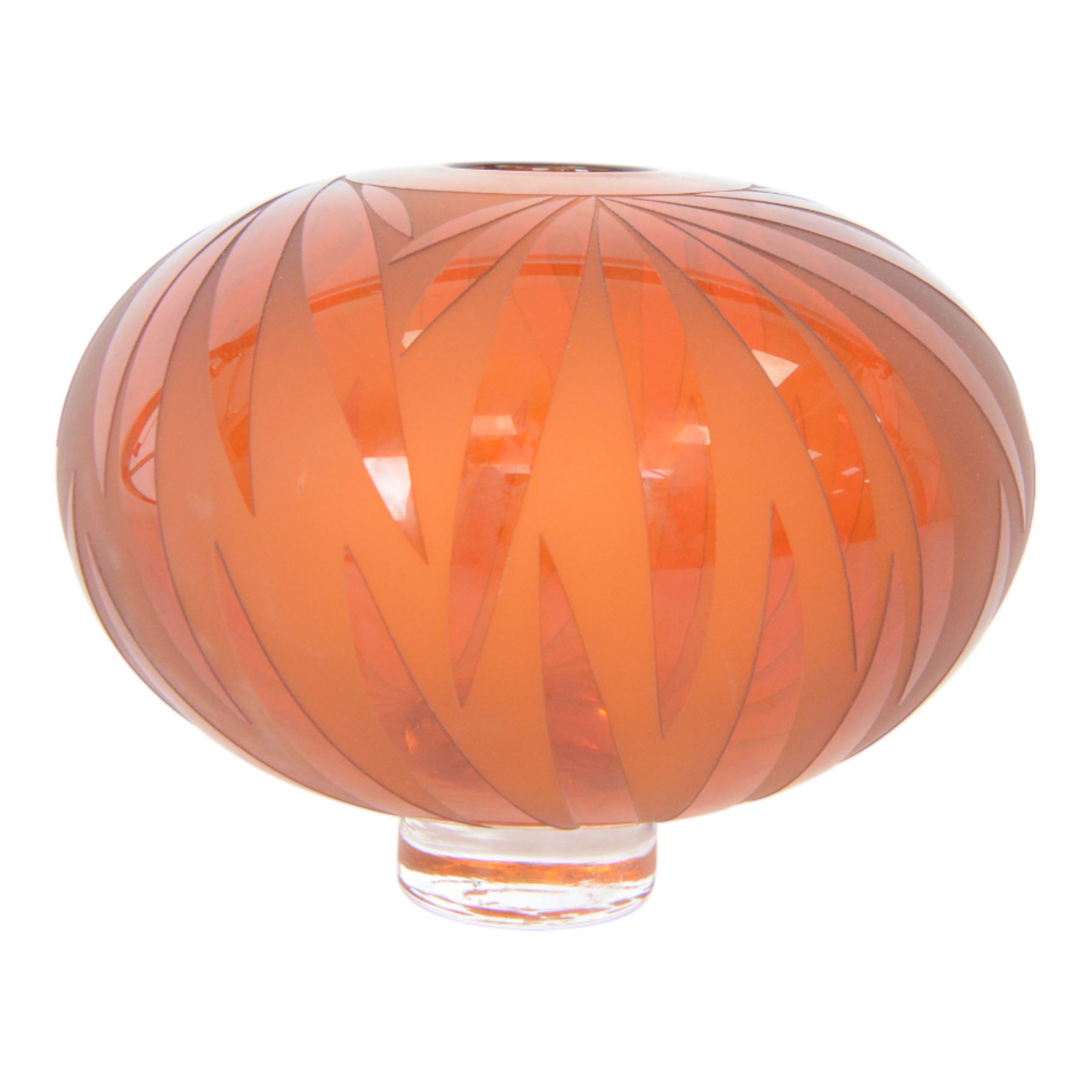 Limited edition Gillies Jones of Rosedale glass vase, of compressed spherical form decorated with clear red leaves against a frosted ground, upon a clear circular foot, signed and numbered beneath, 04/153, H14cm