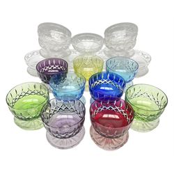 Collection of glass sundae/dessert dishes to include coloured bowl examples with banded cut decoration, all with star cut bases (18)