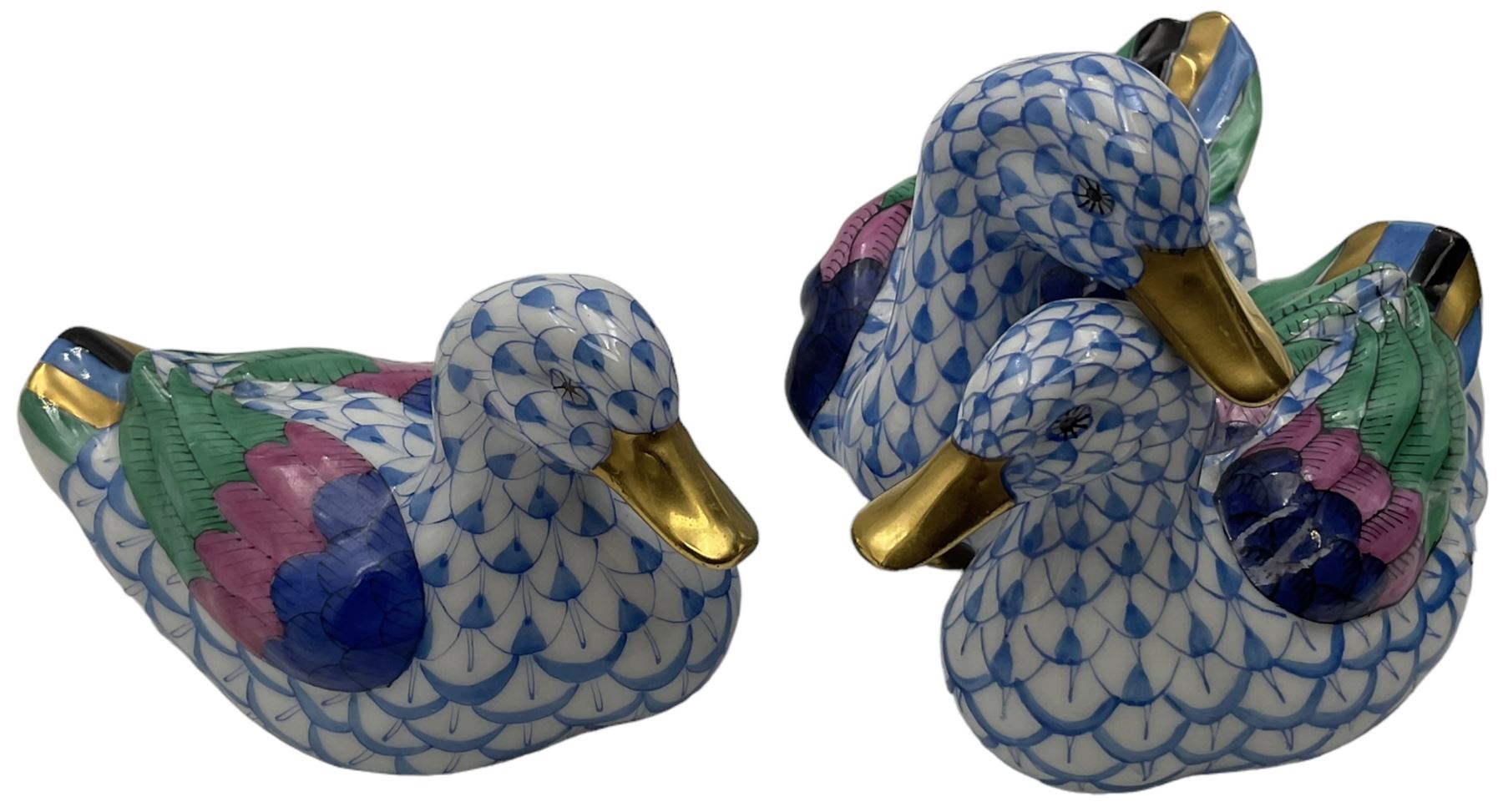 Two Herend fishnet blue figures, comprising duck and pair of nesting ducks, H7cm