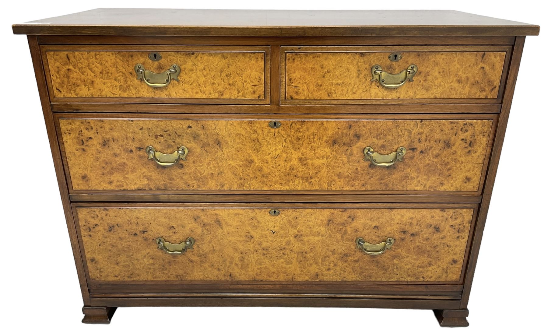 Late Victorian walnut straight-front chest, fitted with two short over two long figured drawers, on ogee rectangular feet