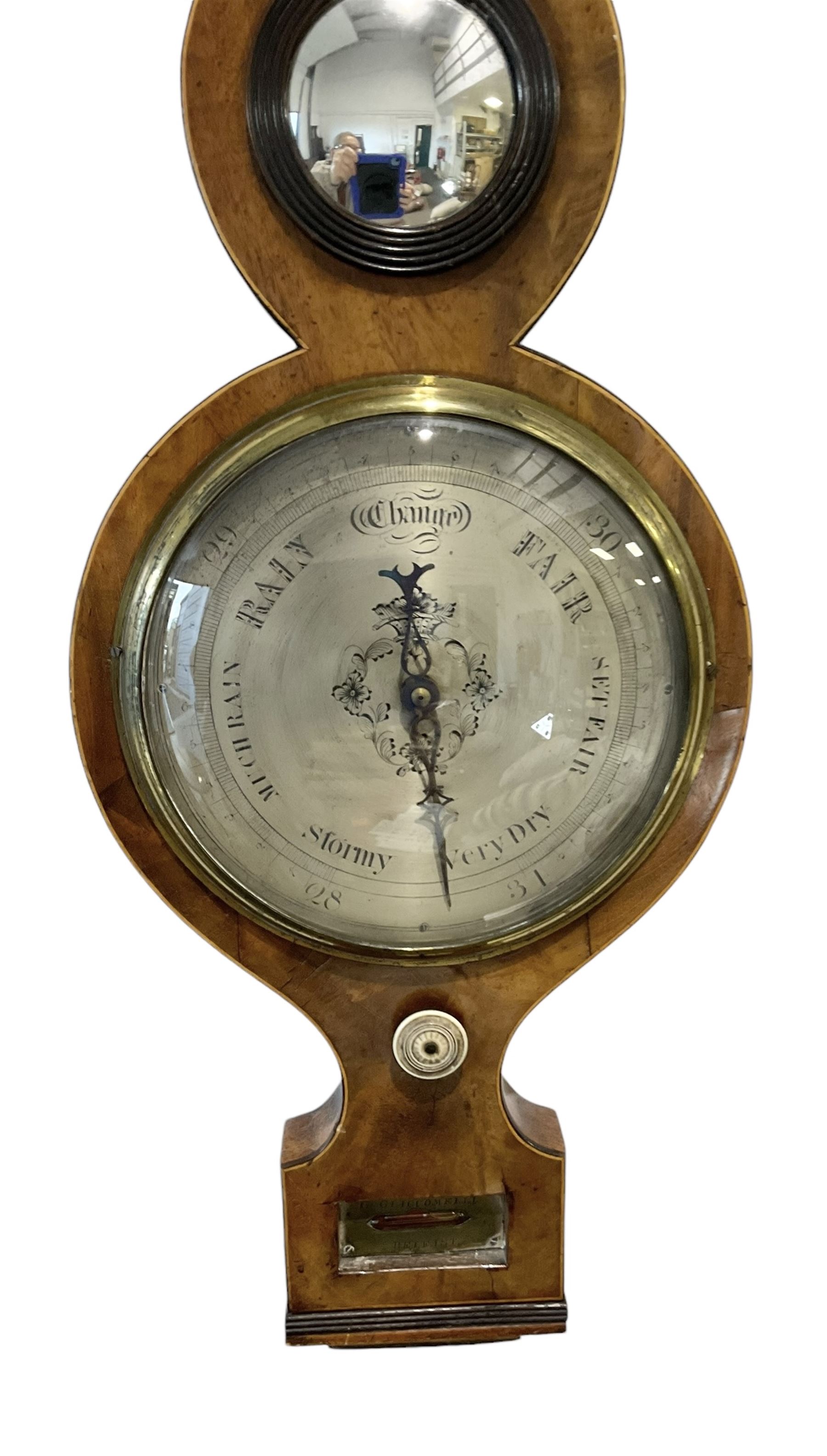 Mid 19th century mercury barometer - in a walnut case with a swan neck pediment, hygrometer, mercury thermometer, butlers mirror and spirit level, 8