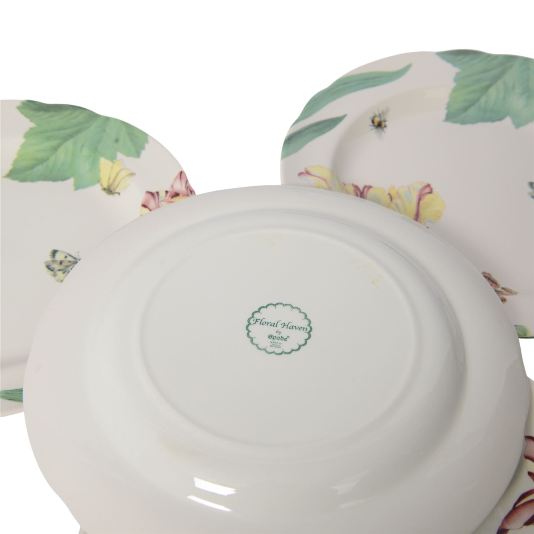 Modern Spode dinner service for twelve plates settings, decorated in the Floral Haven pattern, comprising large plates, smaller plates, dishes, side plates, and pair of serving bowls, largest plates D32cm