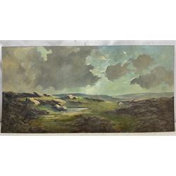 Lewis Creighton (British 1918-1996): Expansive Landscape with Heather, oil on board signed 61cm x 122cm (unframed)