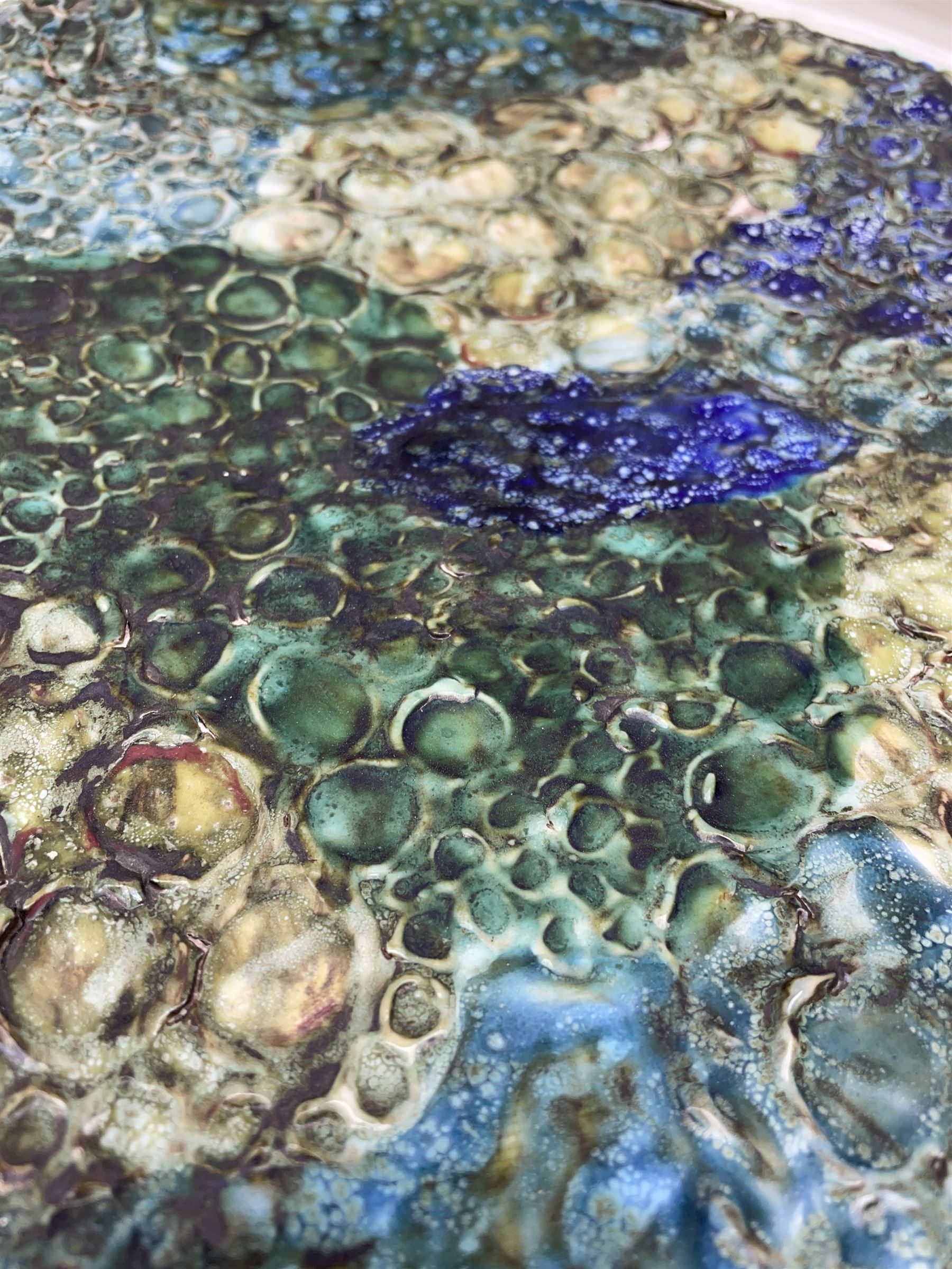 Tony Morris (British 1942-2018) for Poole Pottery: Studio pottery bowl of shallow circular form, thrown by Alan White, glazed and decorated by Tony Morris, impressed and painted marks to base, printed and painted marks beneath D35.5cm 