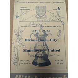 Two signed Football Association Challenge Cup semi final football programmes, comprising 1957 Birmingham vs. Manchester United at Hillsborough and 1955 Manchester City vs. Sunderland at Villa Park, with signatures of various footballers, some facsimile, including Leslie Welch and Don Revie