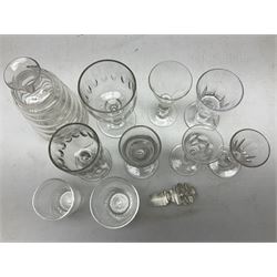 Quantity of Georgian and Victorian glasses, comprising late 19th century Beehive decanter, two thumb print rummer glasses, two 1780s Bristol glass of wrythen form, early Victorian toastmasters glass, two late Georgian wine glasses, late 18th century petal moulded wine glass, and early 19th century facet cut small wine glass