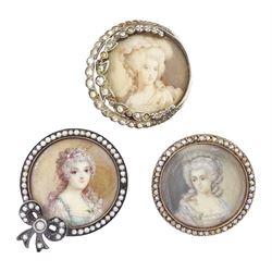 Three 19th century silver portrait brooches, each set with miniatures of women in 18th cen...