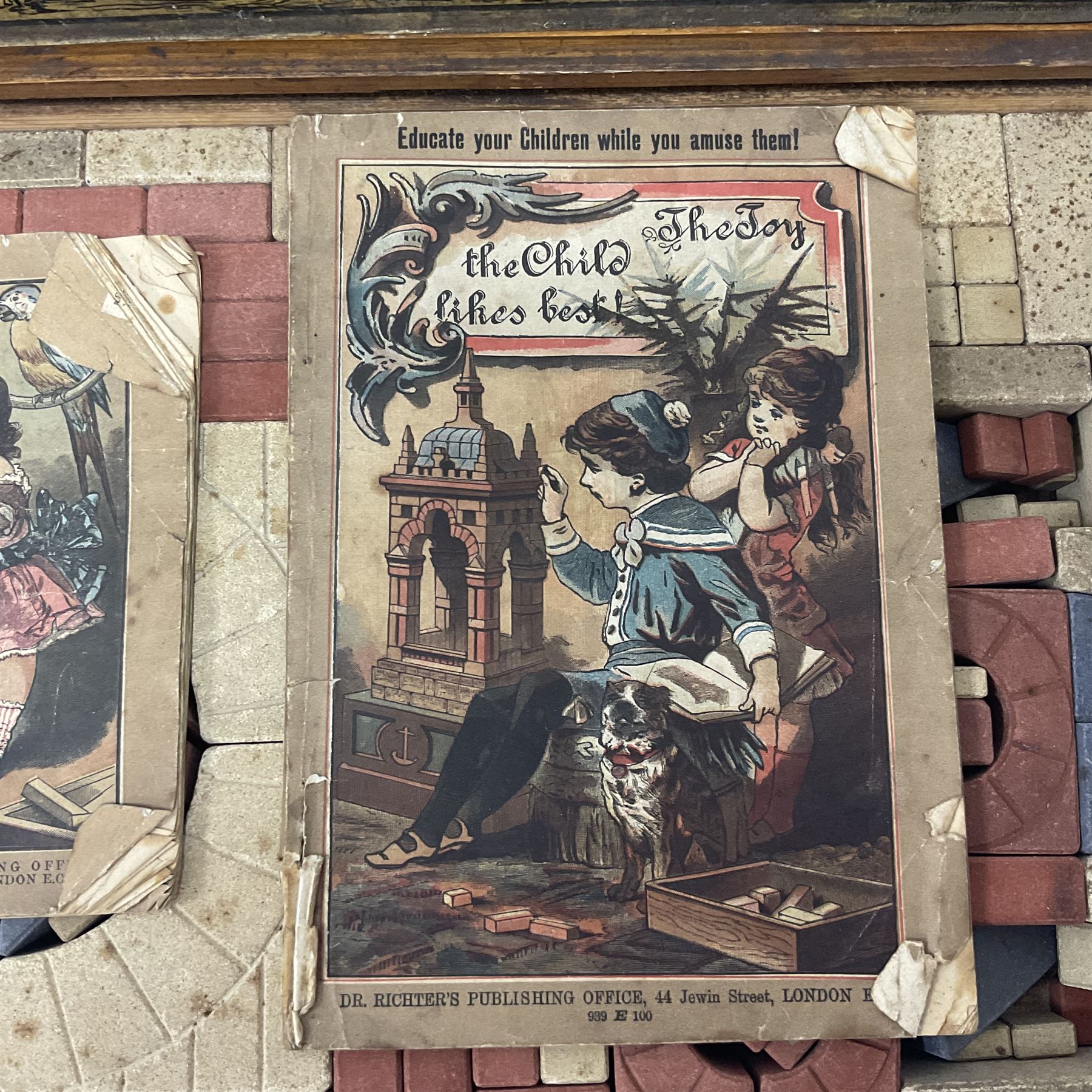 Richters 1880s Anchor Box Stone Block Building set, in original wooden box with sliding lid and paper label; with two instruction booklets, circa 1880-1900s