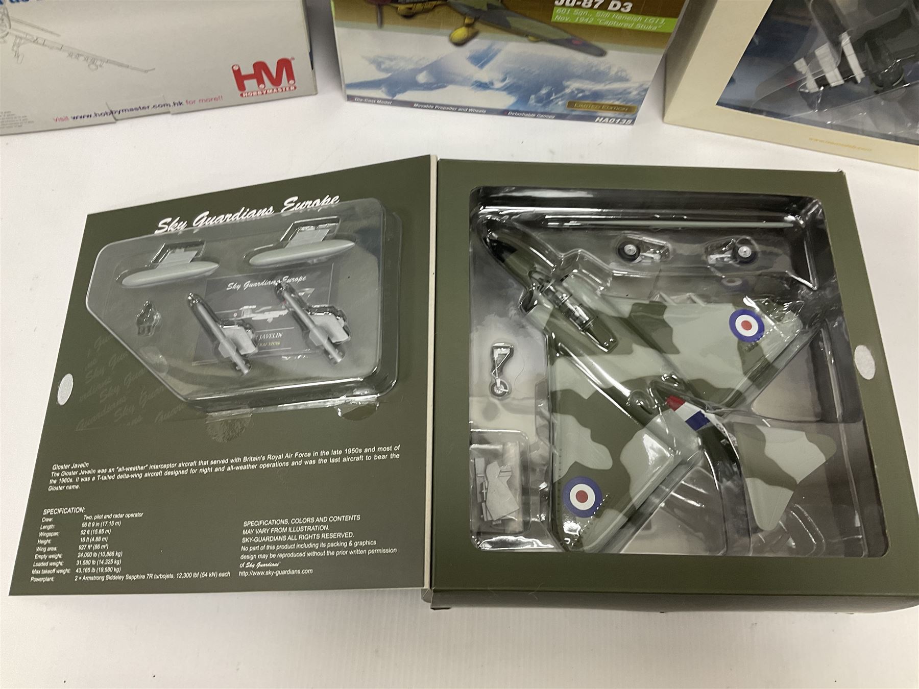 Nine 1:72 scale model aeroplanes comprising four ‘Sky Guardians’, F-16 Fighter Falcon, Sea Vixen FAW.2 899 Sqd XP924, Gloster Javelin FAW 9R 64 Sqd RAF XH766, and Sea Vixen F(AW) Mk2 XN694/305/BL No 892 Sqd RNAS Yeovilton; with three Hobby Master models, one Ixomodels model and one 72 Aviation model  (9)