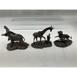 Six Franklin Mint bronze models of African animals, comprising Lion, Black Rhinoceros, Greater Kudu, Cheetah, Giraffe and African Elephant, tallest example H14cm