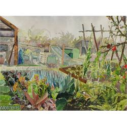 Penny Wicks (British 1949-): 'Allotments', watercolour and collage signed and titled 30cm x 40cm