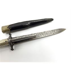 Rare double barrel percussion knife pistol by Dumonthier & Sons (NVN), approx. .38 calibre, with 8.5cm barrels and central 21.5cm spear pointed blade, all with etched damascening, upper quillons serve as hammers for the percussion ignition with single drop down trigger and fluted nickel grips, in nickel mounted leather covered tin scabbard L33.5cm overall