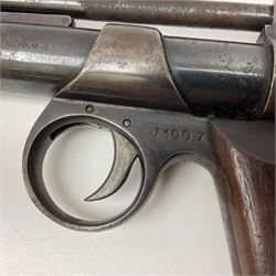 Webley 'Junior' .177 air pistol with top lever action and wooden grips; marked The Webley Junior .177 Webley & Scott Ltd Birmingham 4 Made in England to left side of cylinder; numbered 078 to muzzle and J3007 to trigger guard; L21cm; together with part tin of Webley .177 Special Pellets NB: AGE RESTRICTIONS APPLY TO THE PURCHASE OF THIS LOT.