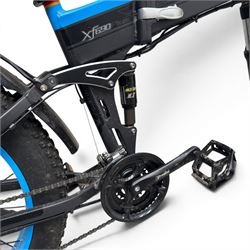 Cyrusher XF690 Plus - electric fat tyre bicycle, 250W model, with suspension forks, disc brakes, rear pannier bag and blue and black finish.