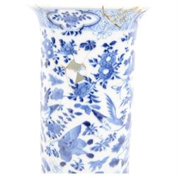 Chinese blue and white yenyen vase, decorated with fisherman in a village landscape, together with vase of cylindrical form decorated with birds amongst peonies, largest H36cm 