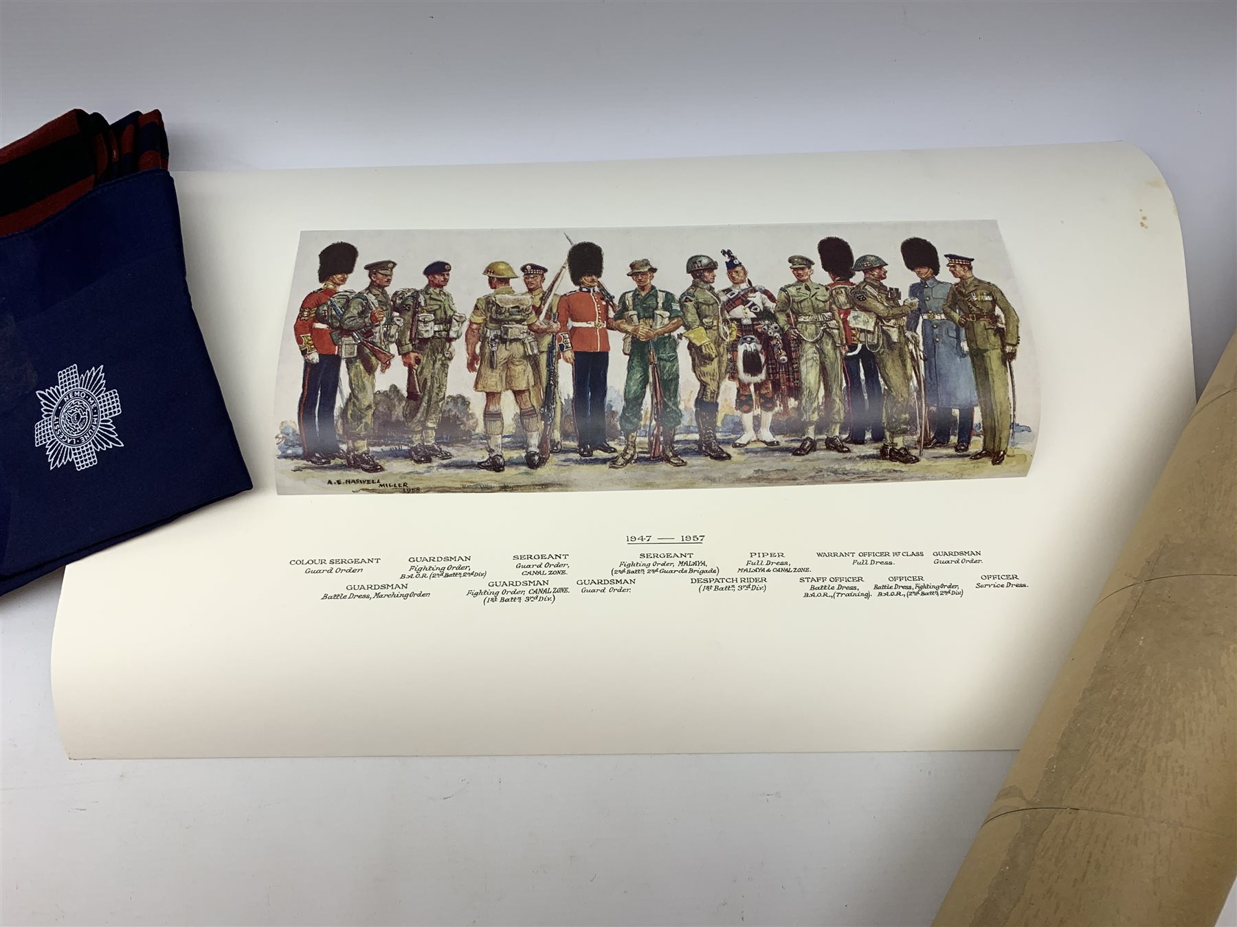 Scots Guards - set of five unframed annotated colour prints depicting the history of their uniform 1899 - 1958, each 20 x 36cm; together with regimental pullover, scarf, tie, shawl, double breasted blazer with Staybrite buttons and trousers