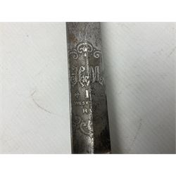 Victorian British Army officer's sword by Hobson & Sons Little Windmill Street London, the 82cm fullered steel blade etched with crowned Victoria cypher and 'HM 1st West York R.V.', lined gilded brass three-bar hilt incorporating Victoria cypher and wire-bound fish skin grip with plaited knot; in steel scabbard with two hanging rings L99cm overall