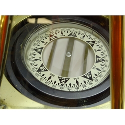  Brass binnacle with hexagonal tapering top on circular base and gimbal mounted black Polaris compass, H33cm  