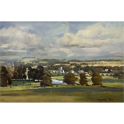 Margaret Peach (British 20th century): Landscape with View of Town, oil on canvas signed 30cm x 45cm