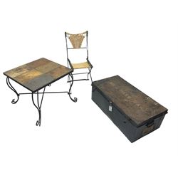 Griffiths McAlister ltd. metal travelling trunk (W90cm, H31cm, D47cm); wrought metal occasional table with slate tile top (62cm x 62cm, H52cm); and a wrought iron chair with string seat and back