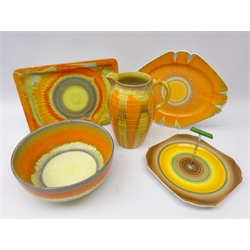  Five pieces of Shelley Art Deco Harmony drip glaze ceramics comprising two trays, fruit bowl, jug and sandwich plate, H20cm (5)  