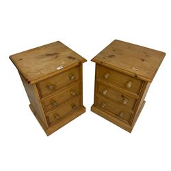 Pair of solid pine bedside chests, fitted with three drawers with moulded reeded facias, on plinth bases